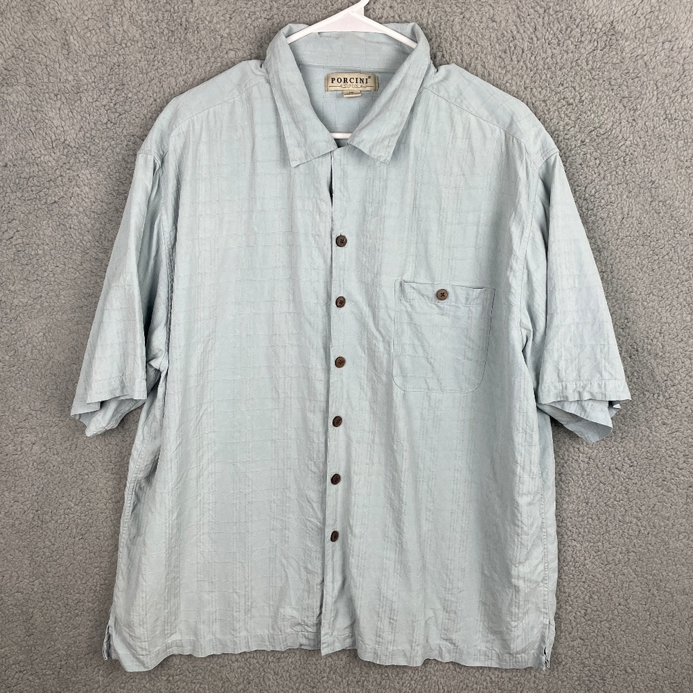PORCINI 100% Silk Button Up Shirt Mens XXL Light Blue Hidden Top Button Textured